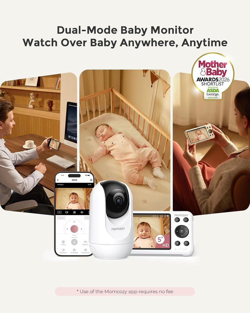 Momcozy Smart WiFi Baby Monitor with Camera and Audio, 5' 1080P Screen with Wall Mount, Motion & Cry Detection, Safe Fence,Clear Night Vision, 5000mAh Battery, 2-Way Talk, Photo & Video Recording,BM04
