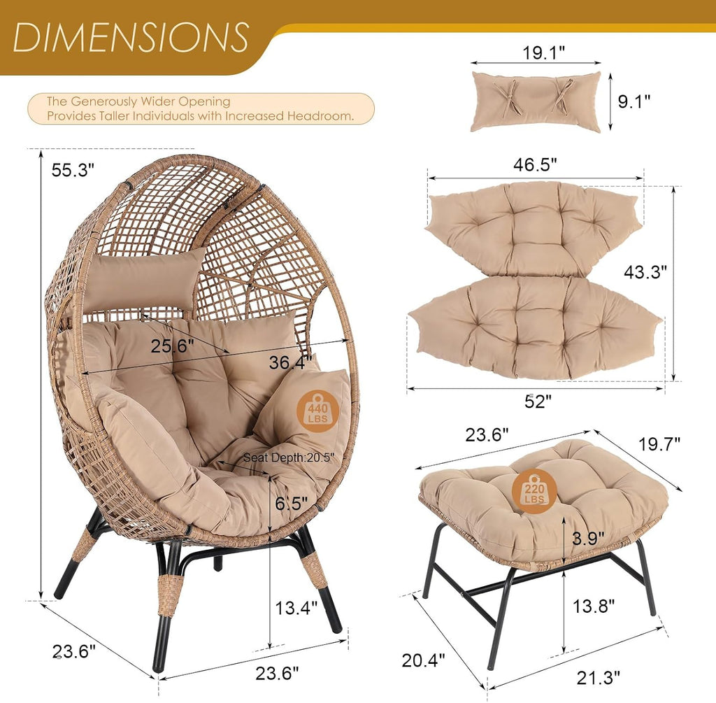 NICESOUL Indoor Outdoor Stationary Wicker Egg Chair w/Footrest, Extra Large Egg-Seat w/Cushion, 440lbs Egg-Shape Lounge Chair with Legs, Cozy Boho Rattan Chair for Patio, Balcony, Sunroom, Brown