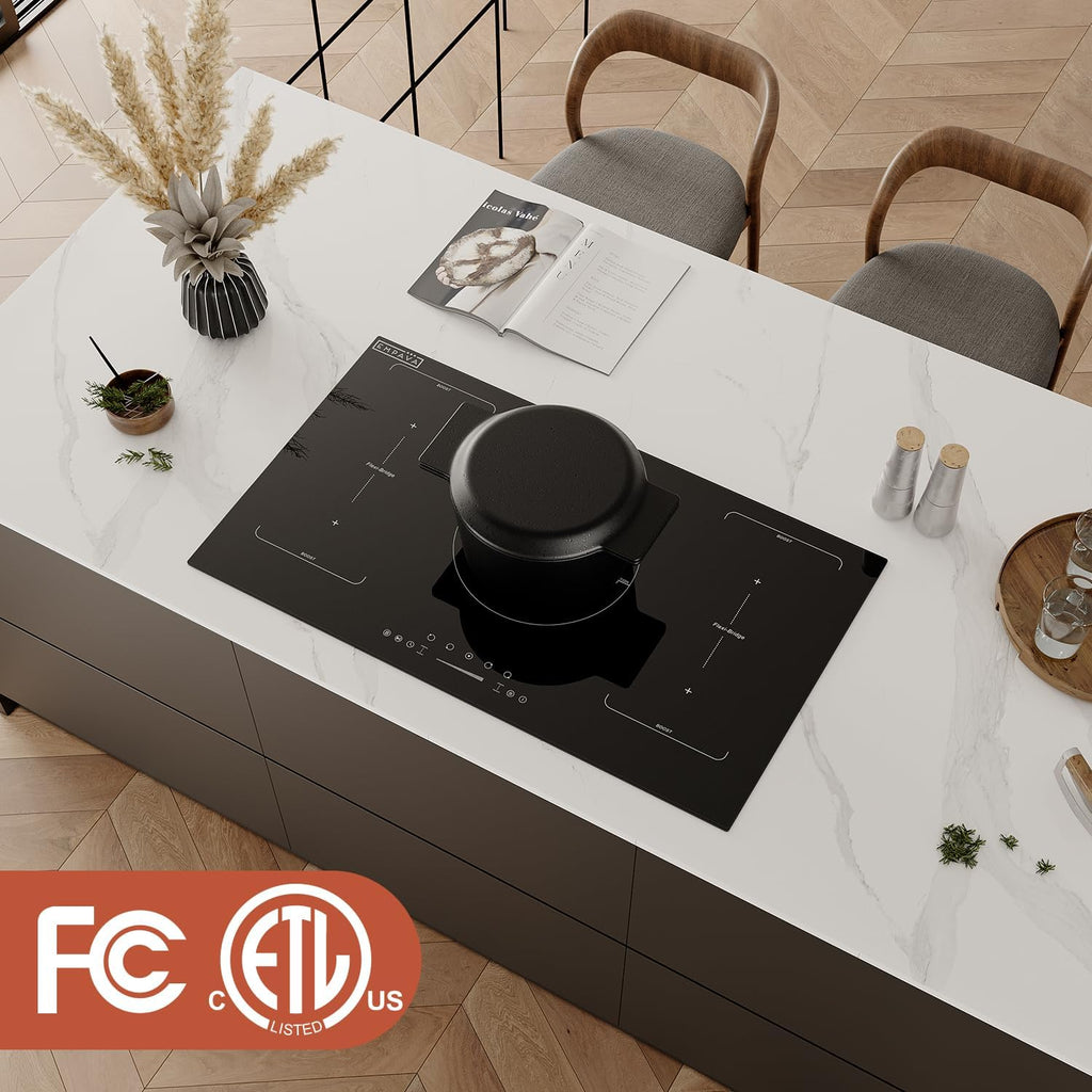 Empava 36 Inch Electric Induction Cooktop Built-In, 5 Zone Smooth Glass Surface, Dual Bridge-Sync, Touch Slider Control, Power Boost, Stop & Go, Timer, Child Lock, Hardwired Kitchen Appliance