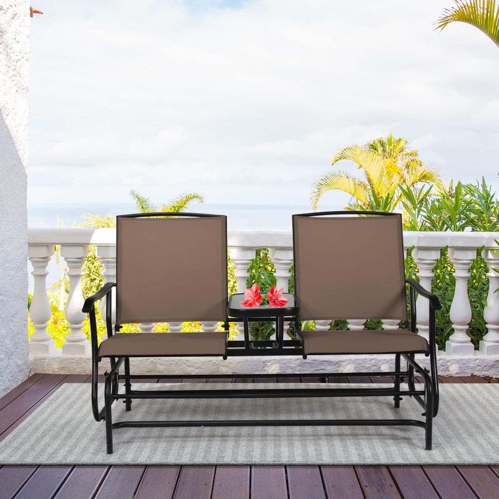 Giantex Patio Bench Glider Chair with Metal Frame, Center Tempered Glass Table, Outside Double Rocking Swing Loveseat for Porch, Garden, Poolside, Balcony, Lawn Rocker Outdoor Glider Bench(Brown)