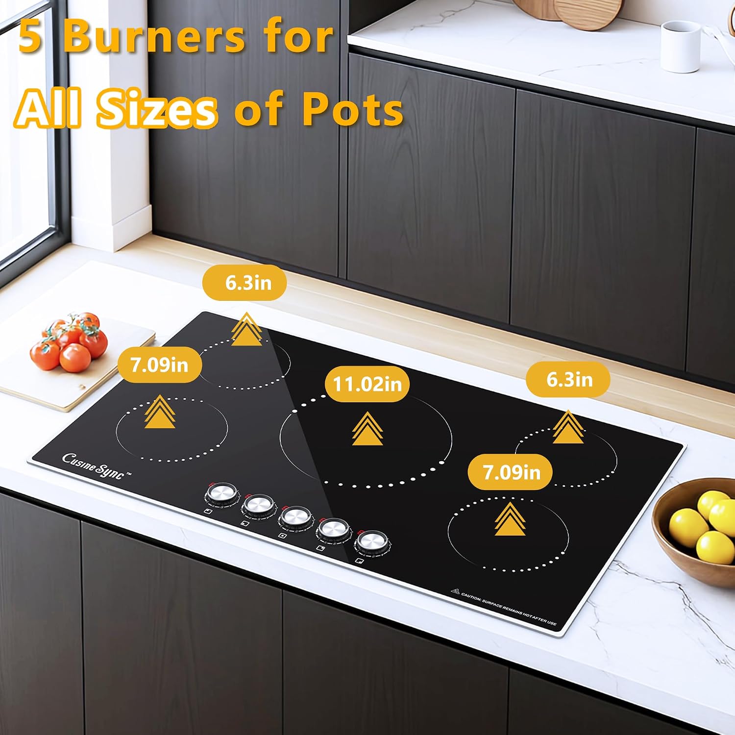 36 Inch Induction Cooktop, 5 Burner Electric Cooktop with 9 Power Levels, Knob Control, Auto shutdown and Residual Heat Warning, 9200W, 220-240V for Hard Wire