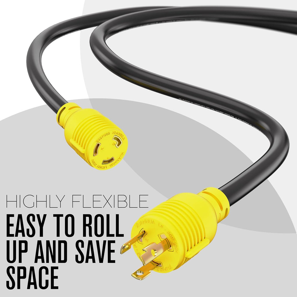 Houseables 30 Amp Generator Cord, L6-30 Extension Cord, L6-30R, L6-30P, 100 Feet, Generator Cable, 3 Prong, 250V Extension, 30amp, NEMA, Twist Lock, RV, Heavy Duty, 10 Gauge, 250 Volt, UL & ETL Listed
