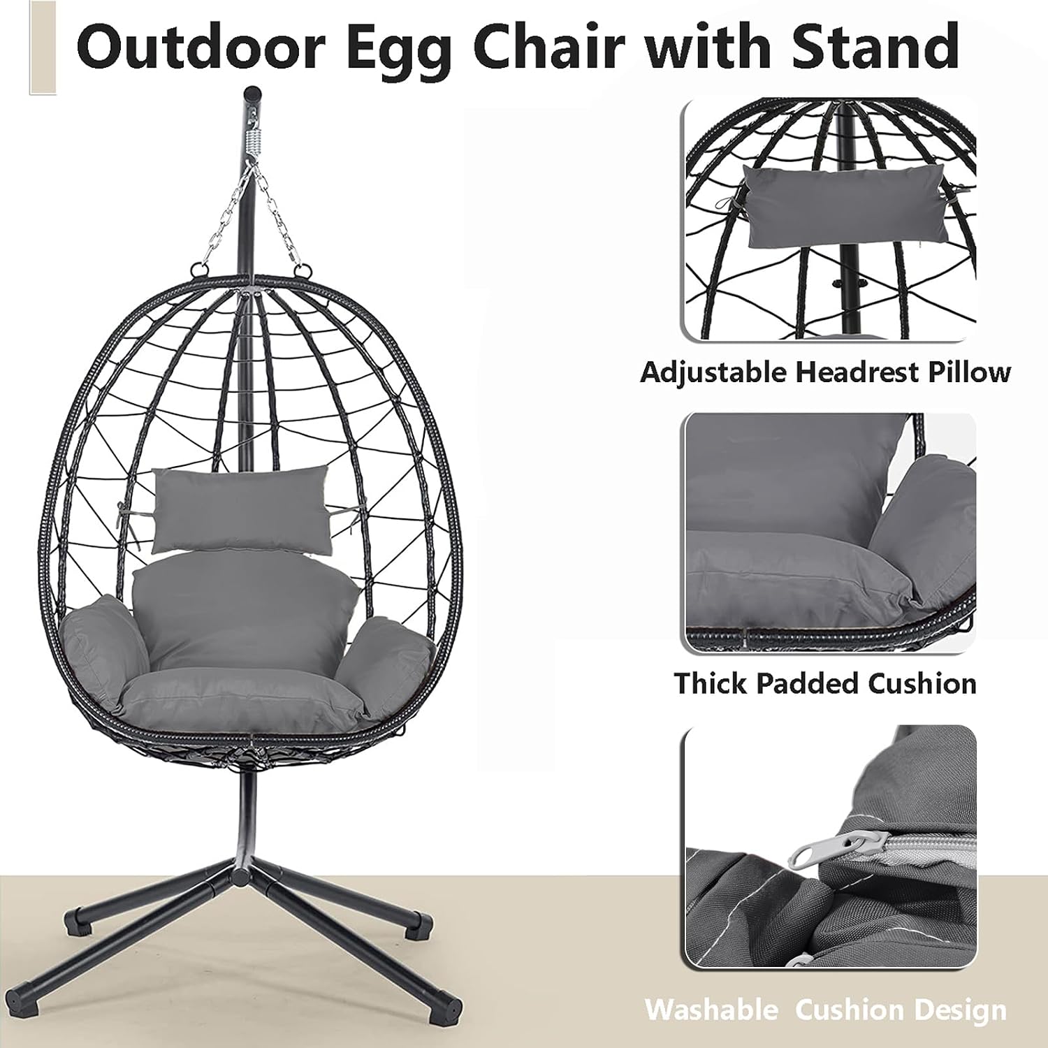 Hanging Egg Chair with Stand, Black Wicker Rattan Swing Egg Chair, Indoor Outdoor Swing Chair for Patio Balcony Porch Bedroom, 350 LBS Capacity (Dark Gray)