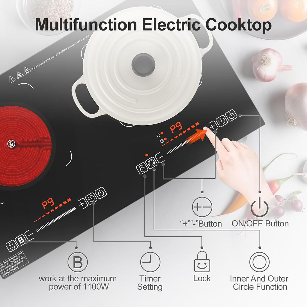 Electric Cooktop,110V 2400W,Countertop and Built-in Electric Stove top,2 Burner induction Cooktop with11 Power Levels,Child Safety Lock, Timer, LED touch control,Overheat Protection