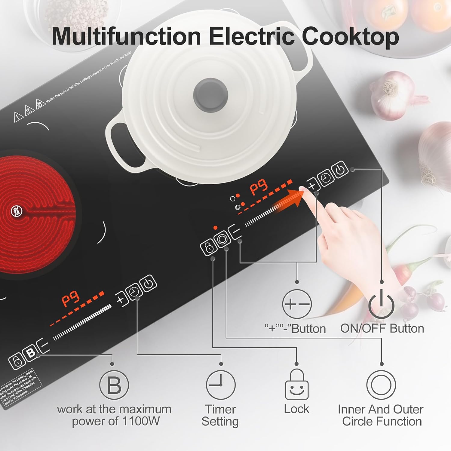 Electric Cooktop,110V 2400W,Countertop and Built-in Electric Stove top,2 Burner induction Cooktop with11 Power Levels,Child Safety Lock, Timer, LED touch control,Overheat Protection
