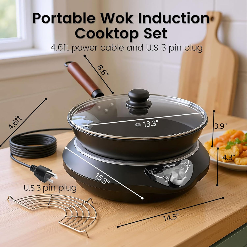 1700W Induction Cooktop with 13.4' Carbon Steel Wok Pan,Lid,Rack,1.97' Deep Curved Concave Electric Stove Burner 16 Watts/temp Precise Ctrl 200~1700W 176°F to 446°F,18H Timer ETL-Listed