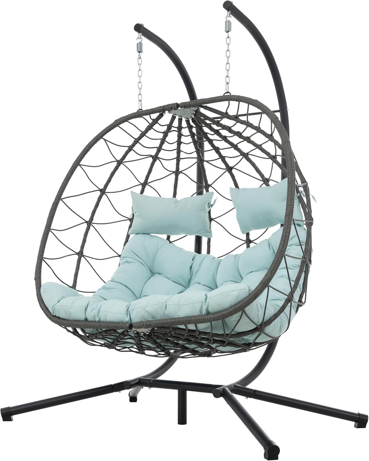 2 - Person Hanging Egg Chair with Stand, Steel Frame, for Outdoor & Indoor Use Double Wicker Egg Chair for Patio, Garden, or Balcony Blue
