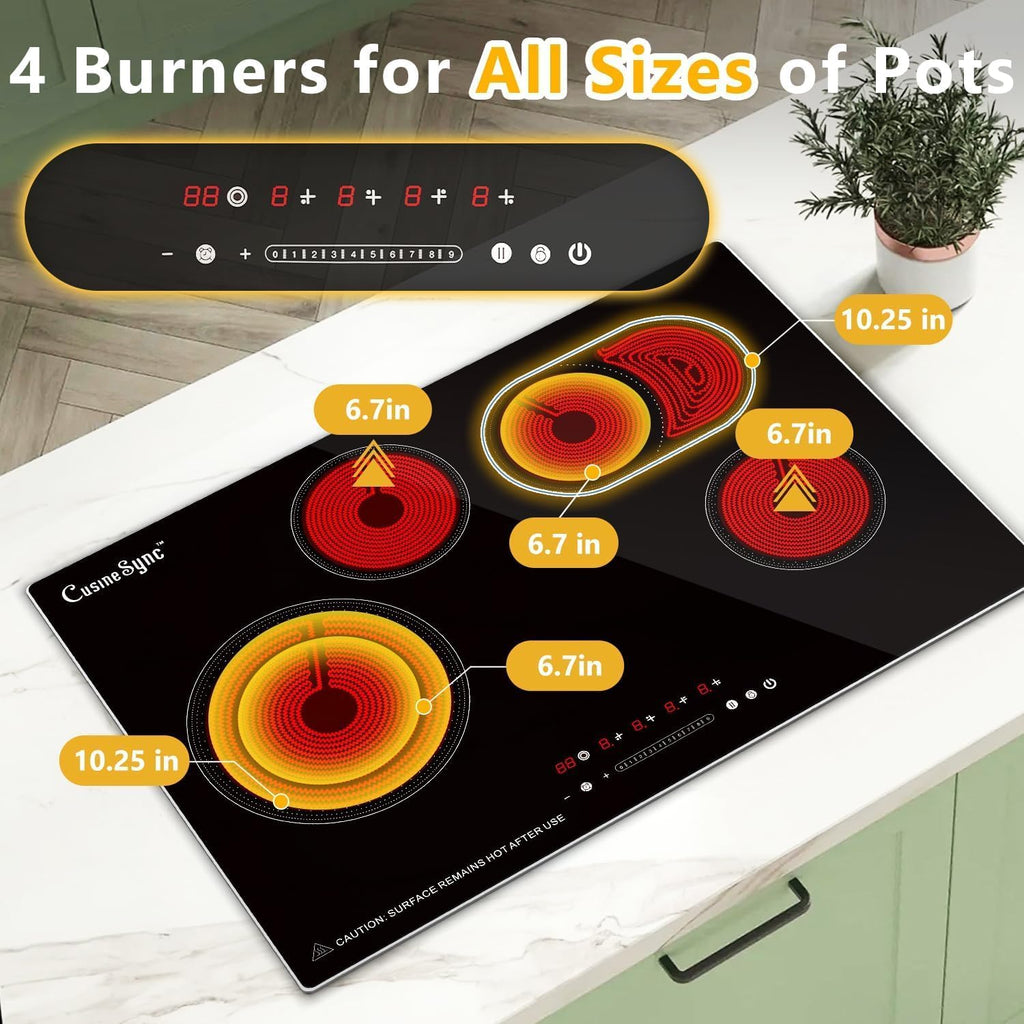 30″ Built-In Electric Ceramic Cooktop, 7400W 4 Burners, Dual Ring Heating, Easy Touch Control, Works with All Cookware