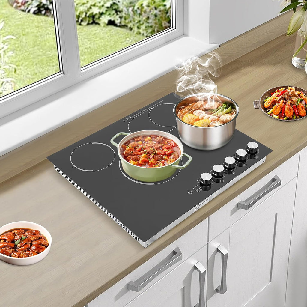4 Burner Electric Cooktop, 23 Inch Portable Stove Cooktop with LED Display, 110V Electric Stove Top Firepower Gears Adjustable for Kitchen Hotel Restaurant (No Plug)