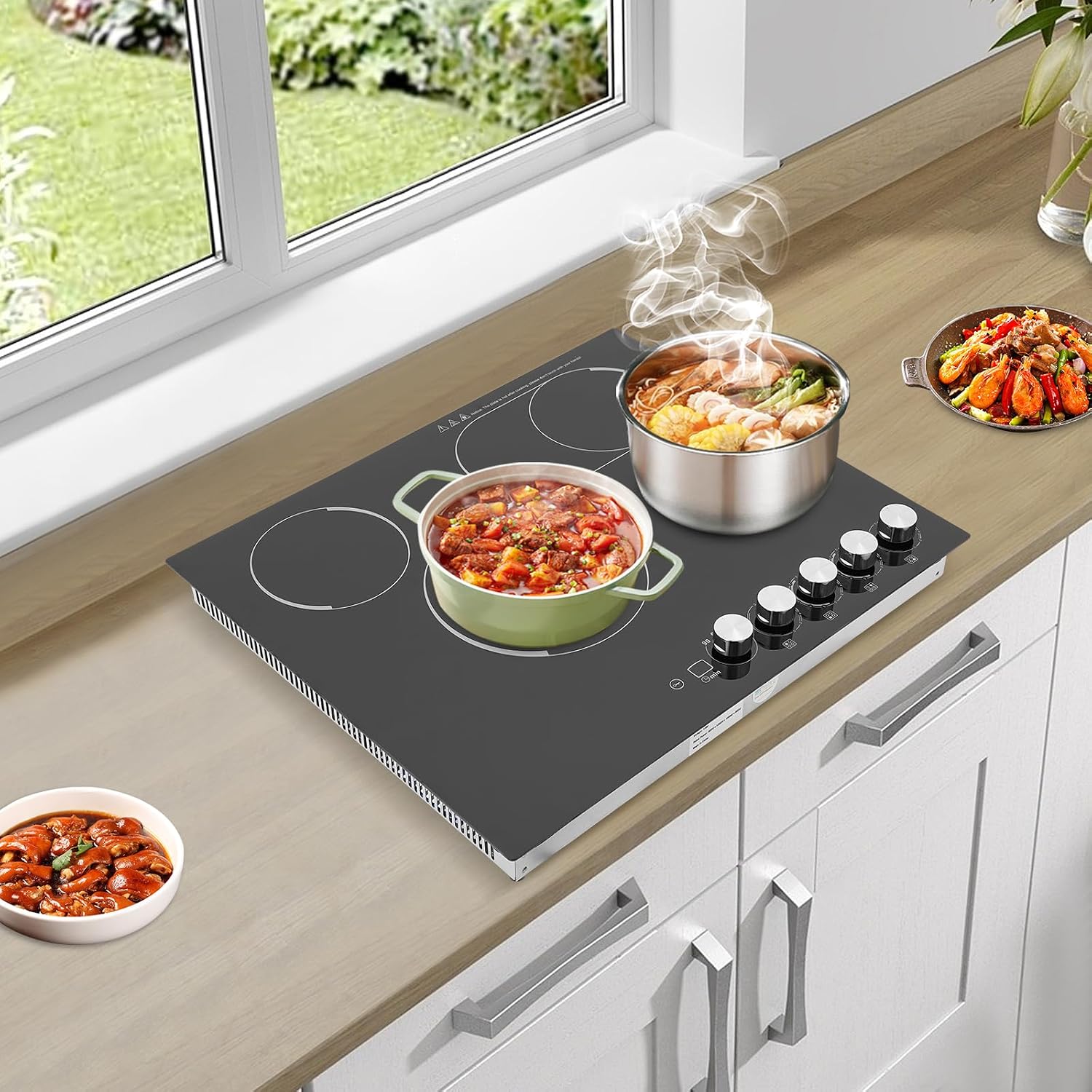4 Burner Electric Cooktop, 23 Inch Portable Stove Cooktop with LED Display, 110V Electric Stove Top Firepower Gears Adjustable for Kitchen Hotel Restaurant (No Plug)