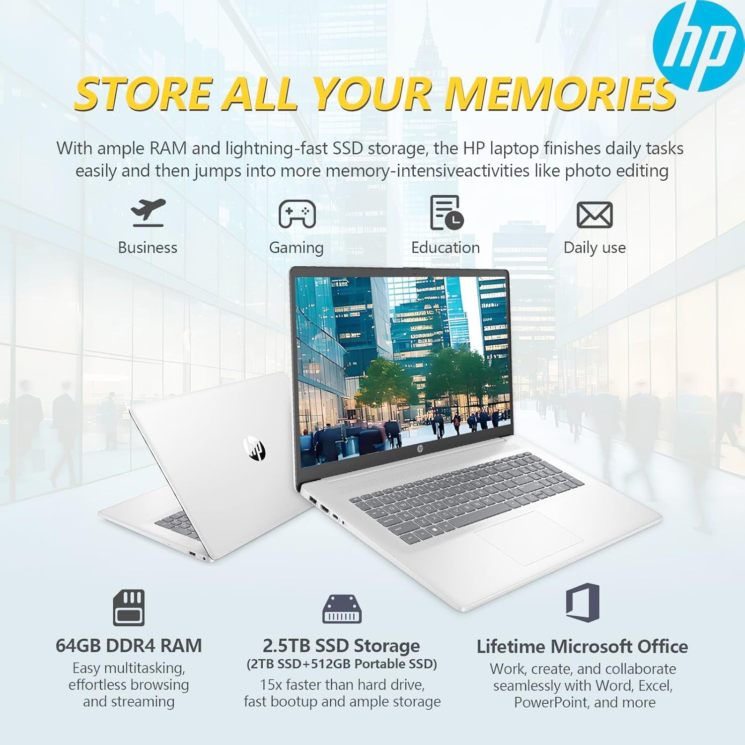 HP 2025 New 17 inch Laptop Computer • 32GB RAM • 1.5TB Storage (1TB PCIe withHP P500 512GB Portable SSD) • AMD Ryzen 5 7430U 6-Cores Processor • Windows 11 Home with Microsoft Office