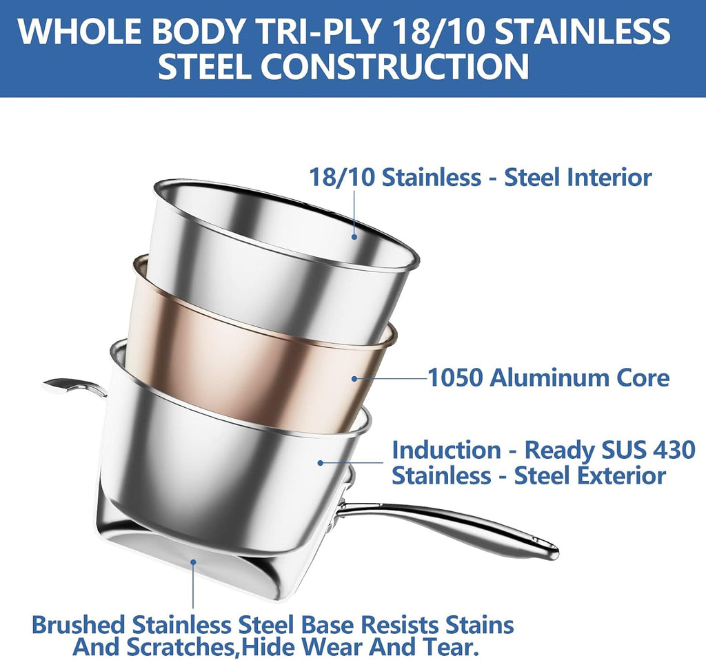 Nuwave Pro-Smart 9pc Stainless Steel Cookware Set, Heavy-Duty Tri-Ply 3.1mm Thickness, 18/10SS, Space Saving Nestable Design, Stay-Cool Handles, Induction-Ready, Works on All Cooktops, 20Yeär Wärranty