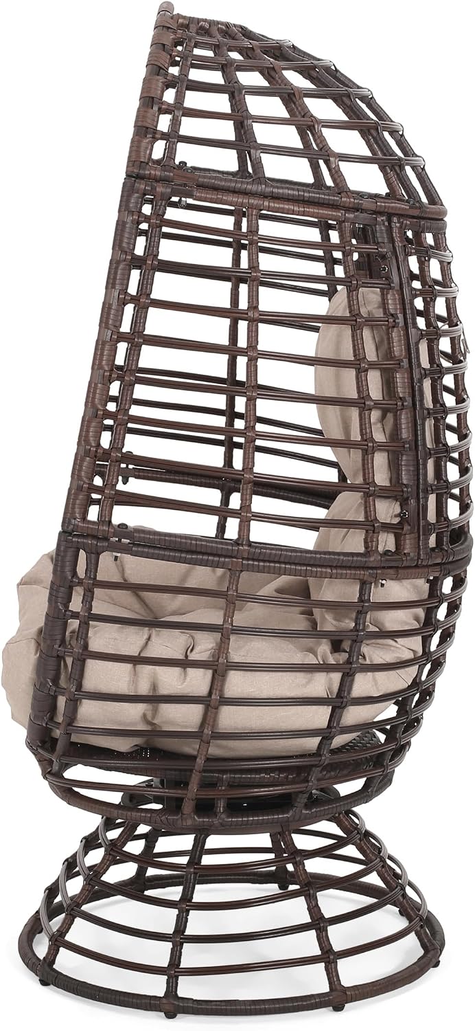 Wicker Egg Chair, Wicker Lounge Chair with Water Resistant Cushion, Indoor Outdoor Lounger for Patio, Backyard, Living Room (Dark Brown)