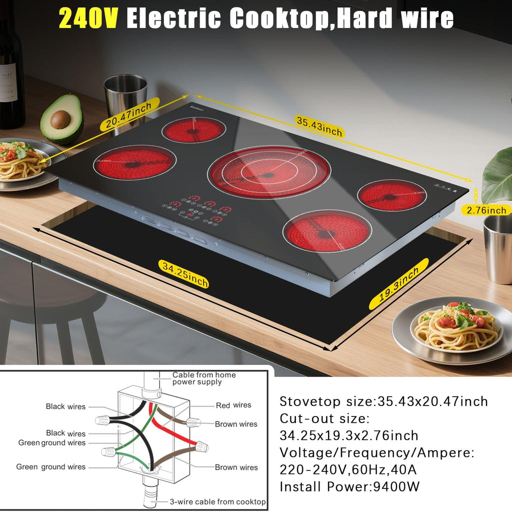 Karinear Electric Cooktop 36 Inch, Upgrade Sensor Touch 5 Burners Electric Stove Top, Built-in Ceramic Cooktop, Pause, Timer, Safety Lock, Triple Ring Expandable Burner,9400W, 220V