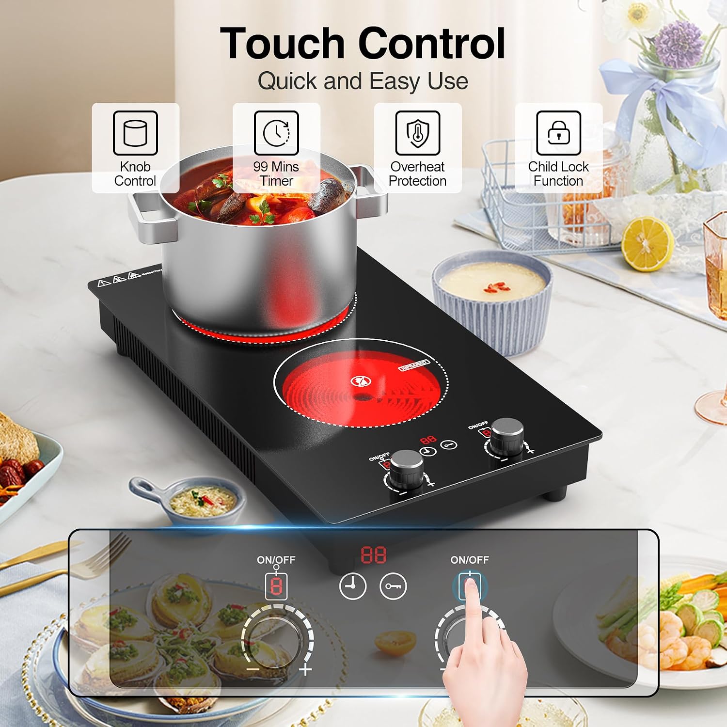 Electric Cooktop, 2 Burner Ceramic Cooktop 2400W 110V, Built-in or Countertop with Touch and Knob Control, 10 Power Levels, Child Lock, Timer, Hot Surface Indicator, Overheat Protection
