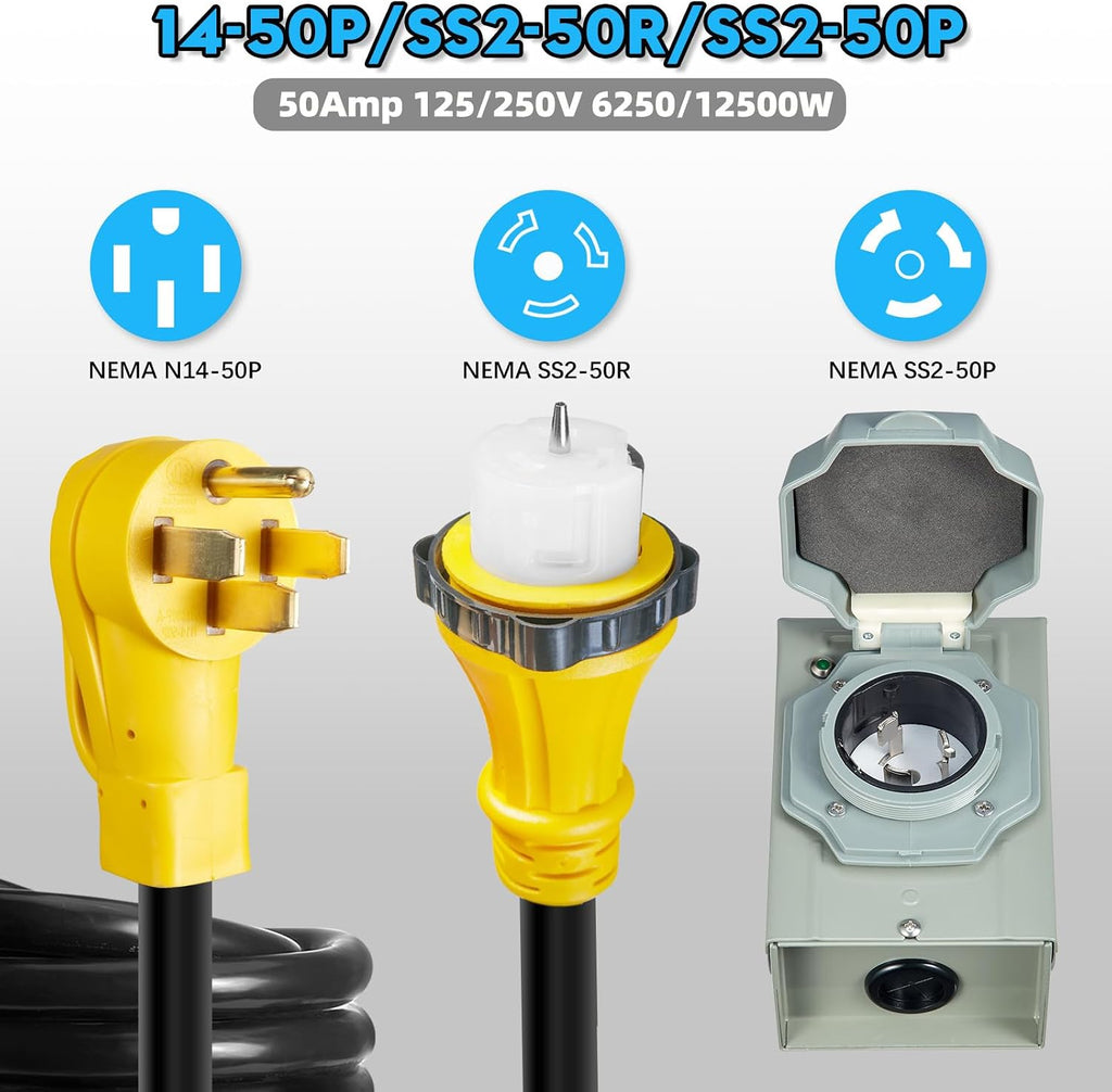 50 Amp Generator Cord 25FT and Power Inlet Box, NEMA 14-50P Male to SS2-50R 125/250V Twist Lock Connector with Pre-Drilled NEMA SS2-50P Generator Inlet Box for Generator to House