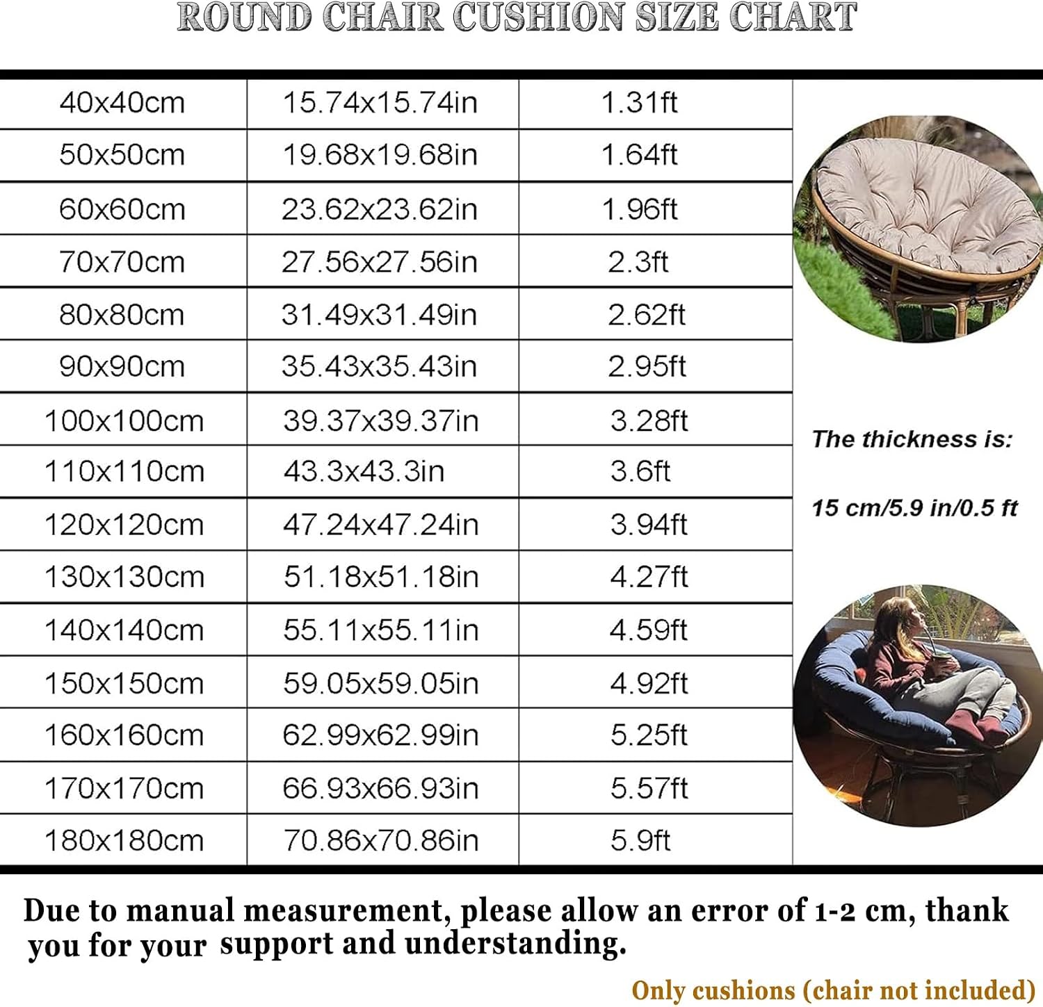 Papasan Round Chair Cushion, Rattan Egg Chair Hanging Mattress, Waterproof Round Papasan Cushion for Hanging Egg Chair, Folding Garden Sofa, Tatami Mat, Patio Garden Swing Chair Cushion(White,150x150c
