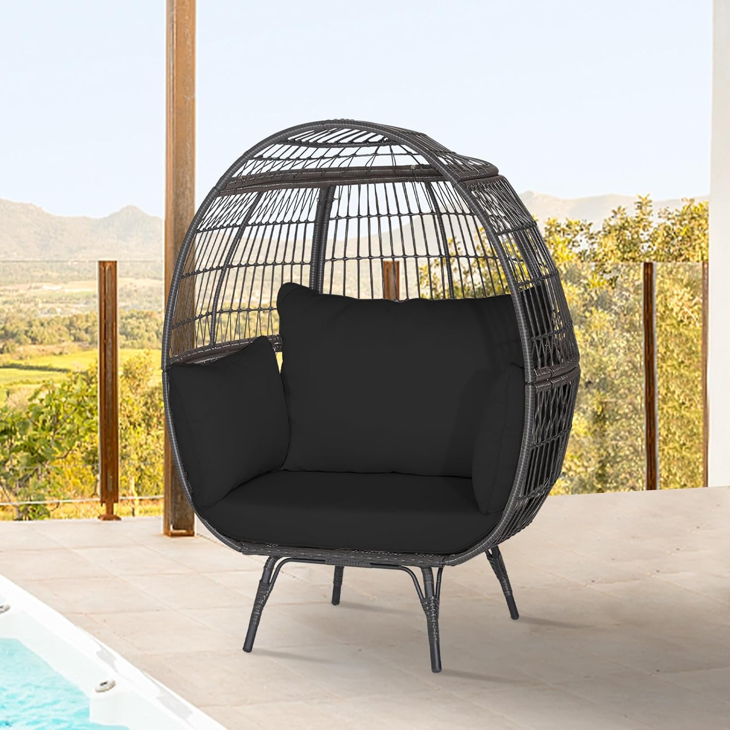 Tangkula PE Wicker Egg Chair, Patiojoy Oversized Indoor Outdoor Patio Lounge Chair with Cushions and Pillows, Steel Frame Basket Chair for Garden, Deck, Balcony, Living Room (Black)