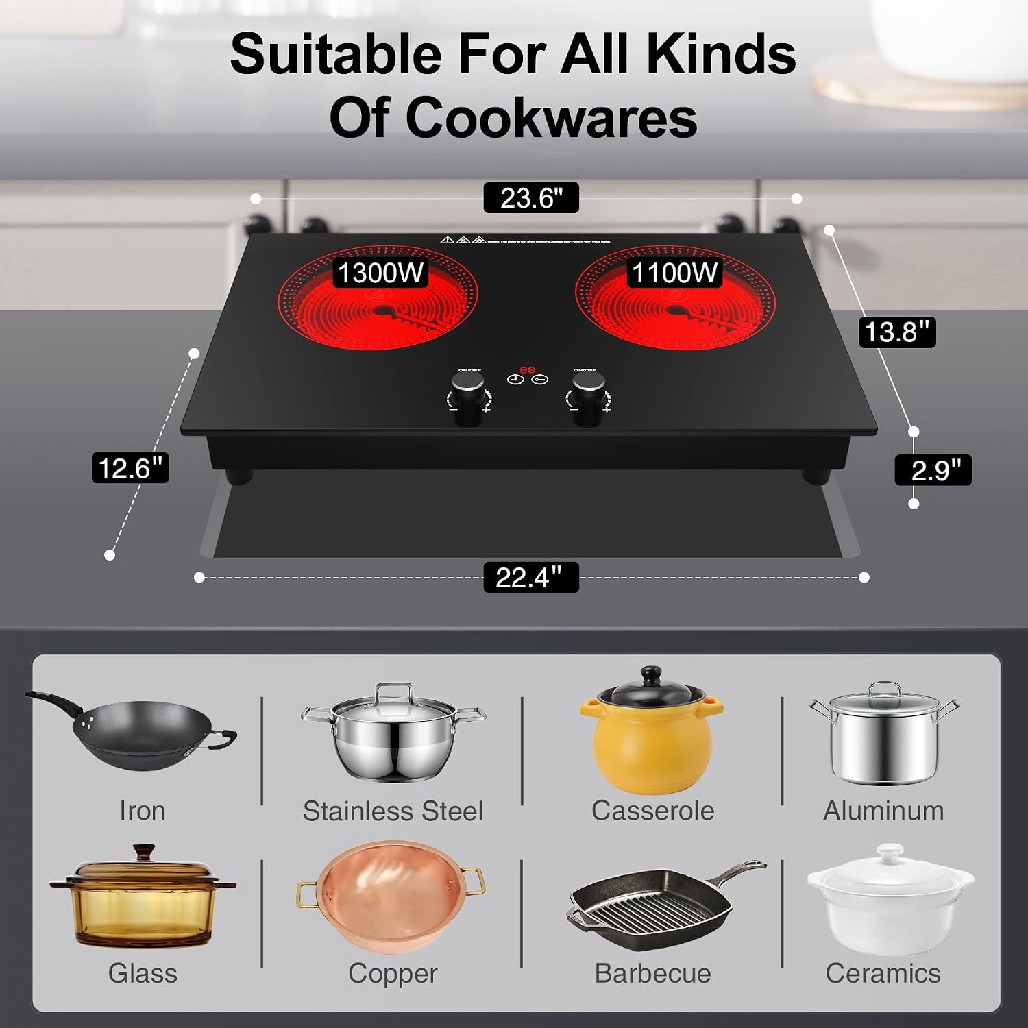 2 Burner Ceramic Cooktop, 2400W 110V Built-in or Countertop Electric Cooktop with Touch Screen & Knob Control, 10 Heat Settings, Child Lock, Timer, Overheat Protection.