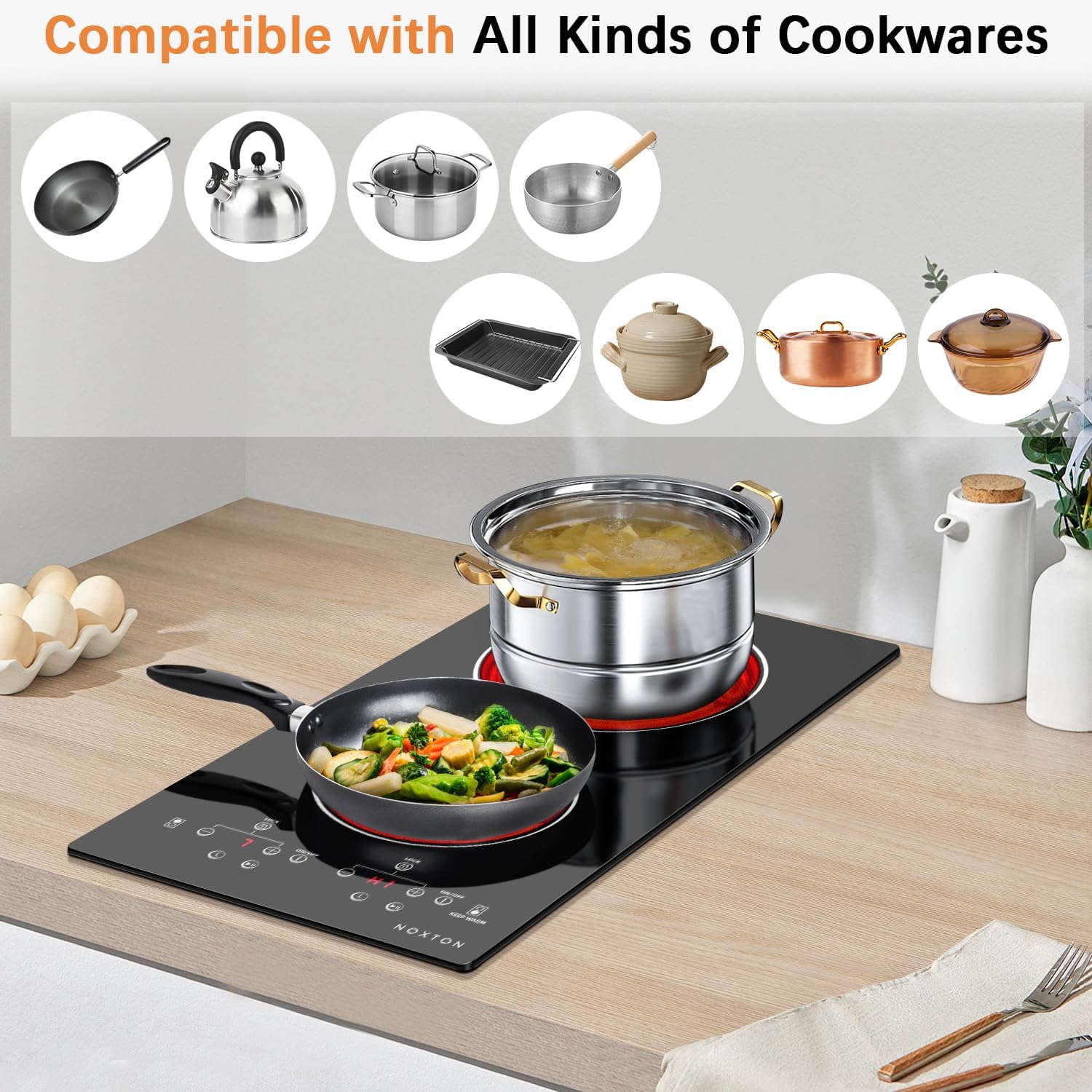 Noxton 110V Electric Cooktop 2 Burners, 12 Inch Electric Stove,Counter top Burner & Built-in Ceramic Stovetop, Sensor Touch Control Timer, Child Safety Lock, High Temperature Warning
