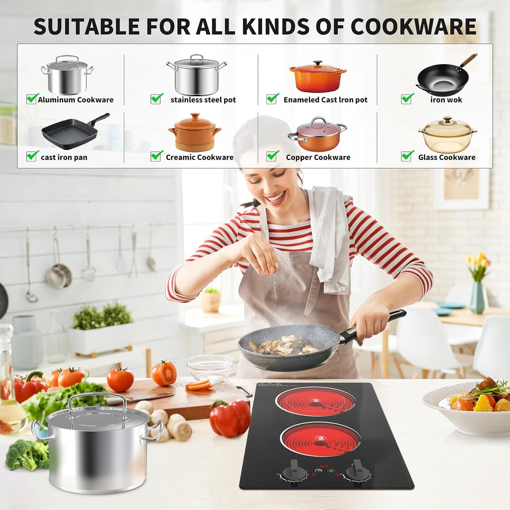 GIHETKUT Electric Cooktop,110V 2100W Stove top,Countertop and Built-in 2 burner cooktop,9-speed power, child safety lock, timer, knob and touch control 2 burner Electric cooktop
