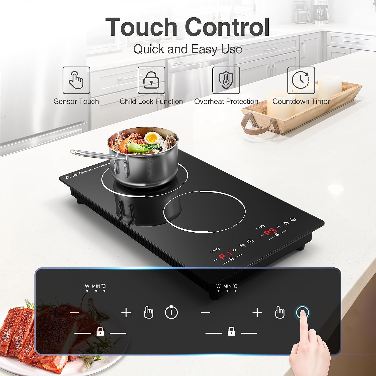 GIHETKUT Double Induction Cooktop,110V 2 Burner Induction Cooktop,2300W Electric Stove Top with Independent Control, Ultrathin Body, 9 Temperature, Multiple Power Levels, 2 Hour Timer, Safety Lock
