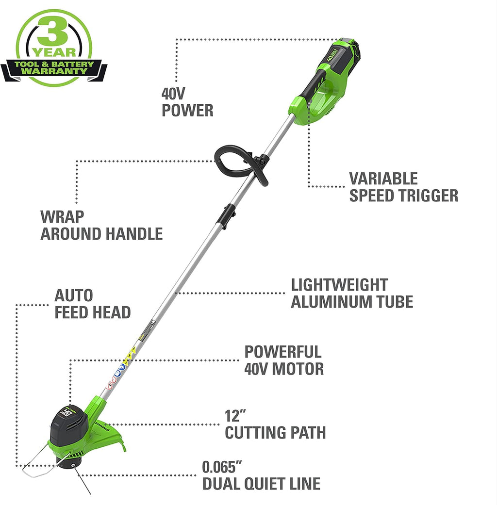 Greenworks 40V 12' Cordless String Trimmer, 0.065' Dual Line with Auto Feed, Variable Speed, Lightweight Weed Eater, 3-Year Warranty