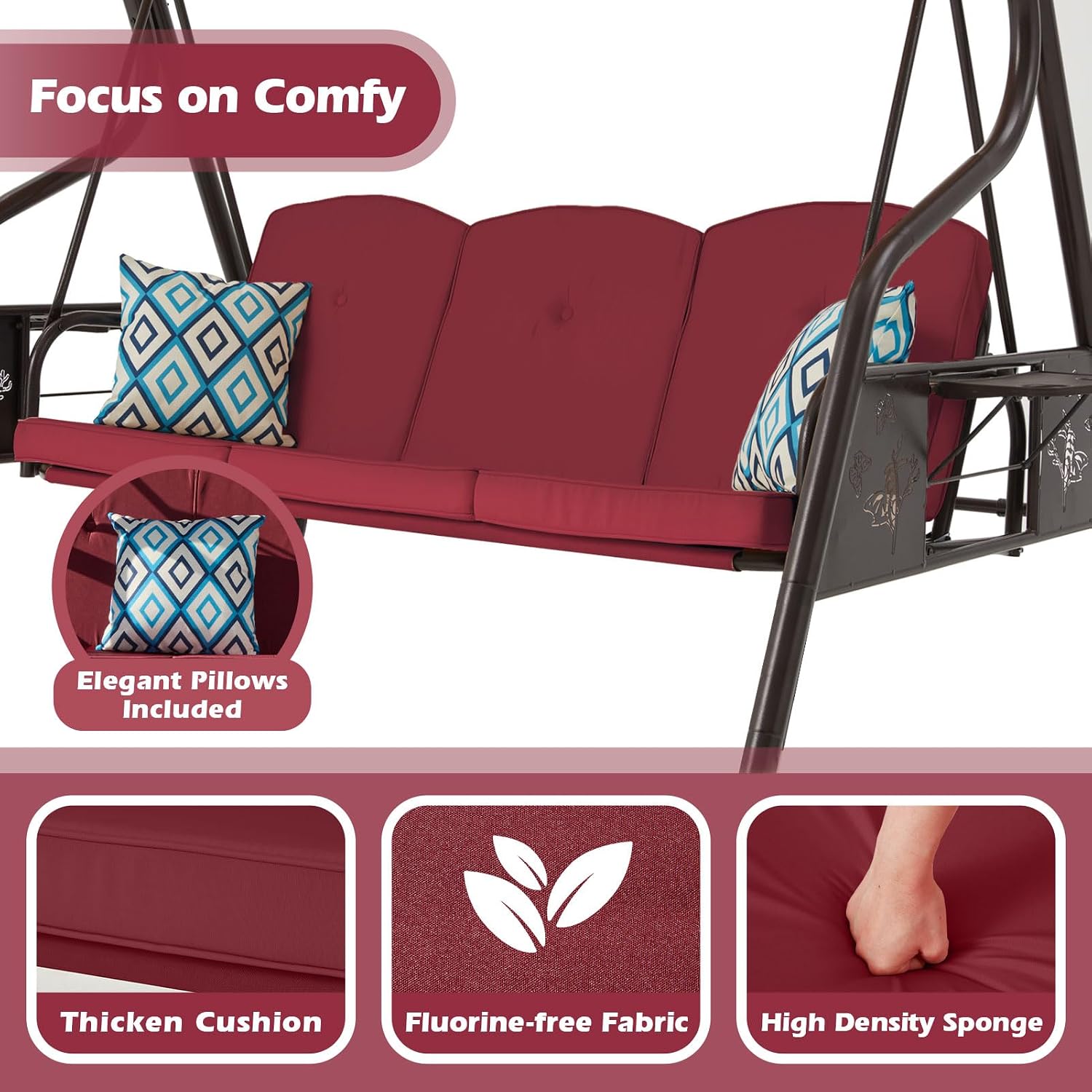 ZZW 3-Seat Patio Porch Swing 800LBS Outdoor Swing with Stand w/Canopy & Adjustable Backrest Patio Glider Chair w/Removable Pillows & Foldable Side Tray for Balcony Garden Deck (Wine Red)