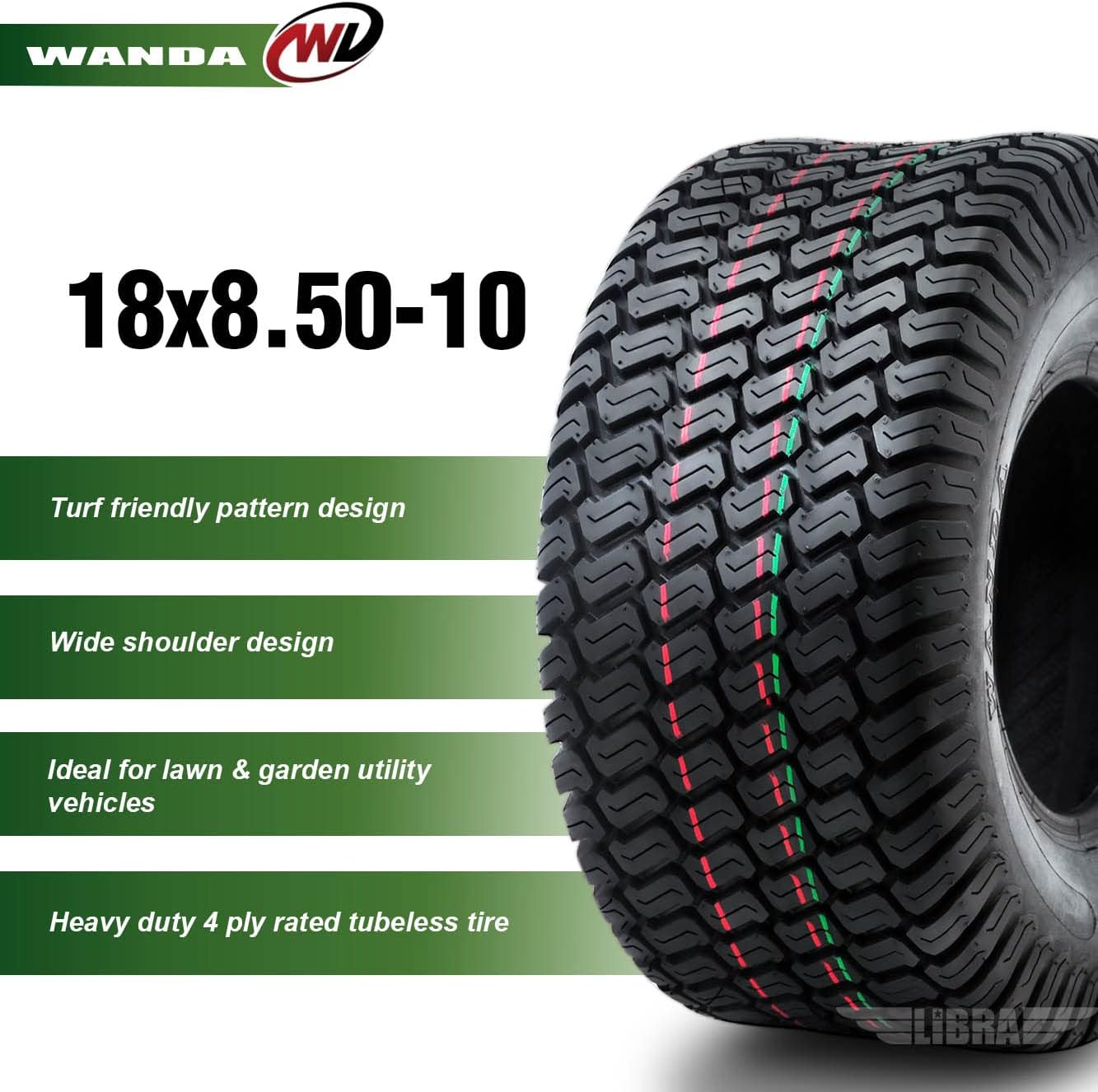 WANDA 18X8.5-10 Lawn Mower Tractor Cart Turf Tires 4 Ply 18x8.5x10 -Set 2-13029