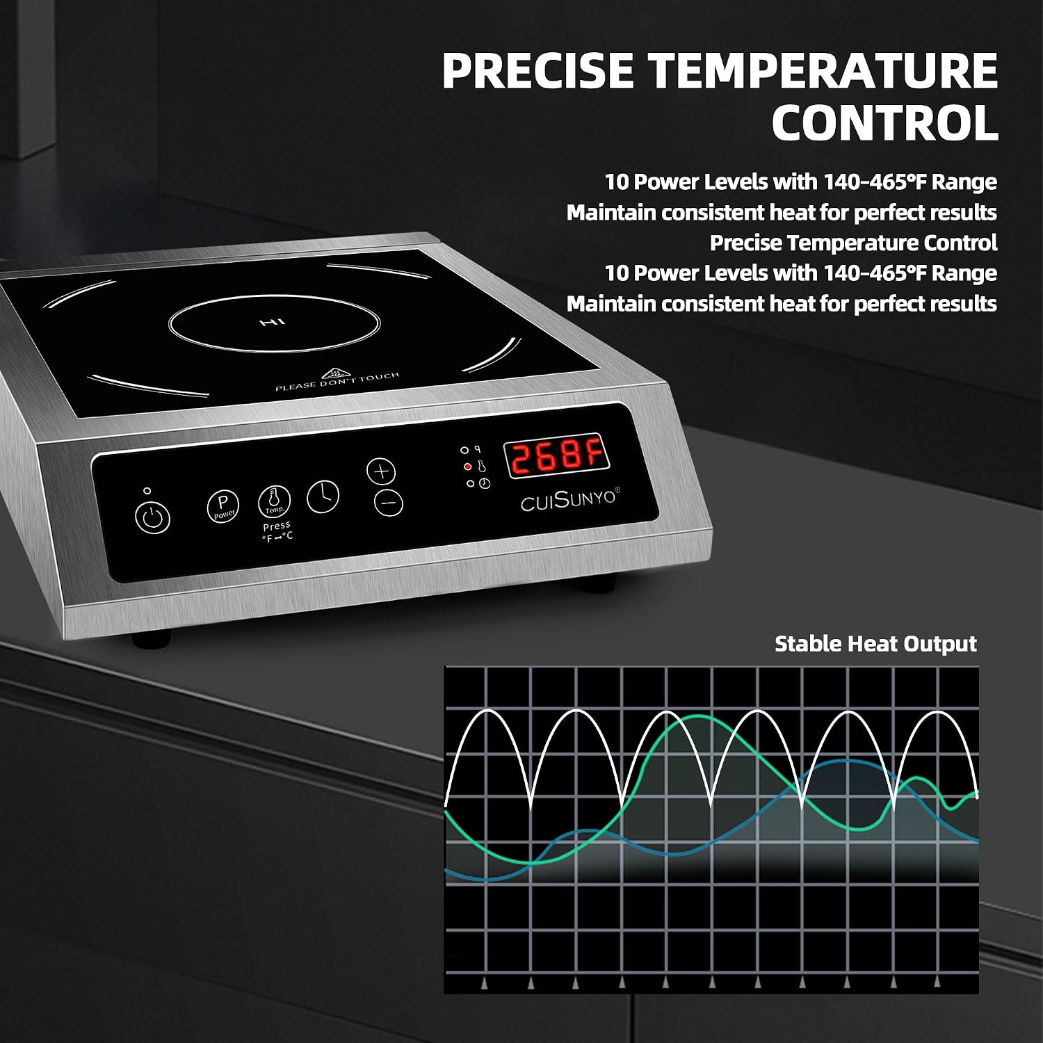 Commercial 3500W Induction Cooktop, Portable 240V Countertop Burner with 10 Power Levels, 12 Timer Settings, 140-465°F Temperature Control, LCD Display, Stainless Steel Housing