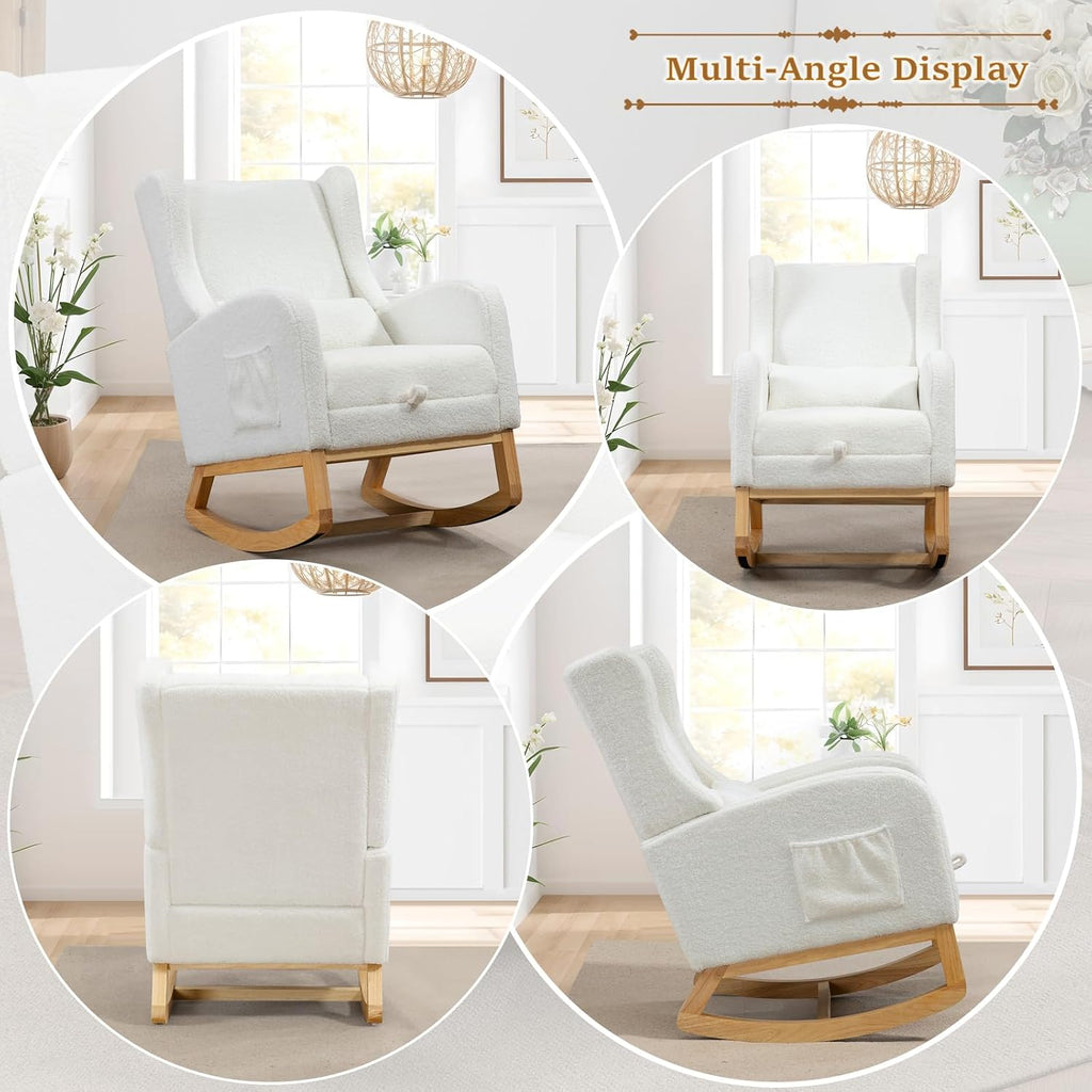 Modern Rocking Chair Nursery Glider, Comfy Rocker Nursery Chair with Foot Rest, Accent Reading Armchair with Pillow and Pocket, Upholstered Lounge Rocker with Solid Wood Base for Relaxing (Ivory)