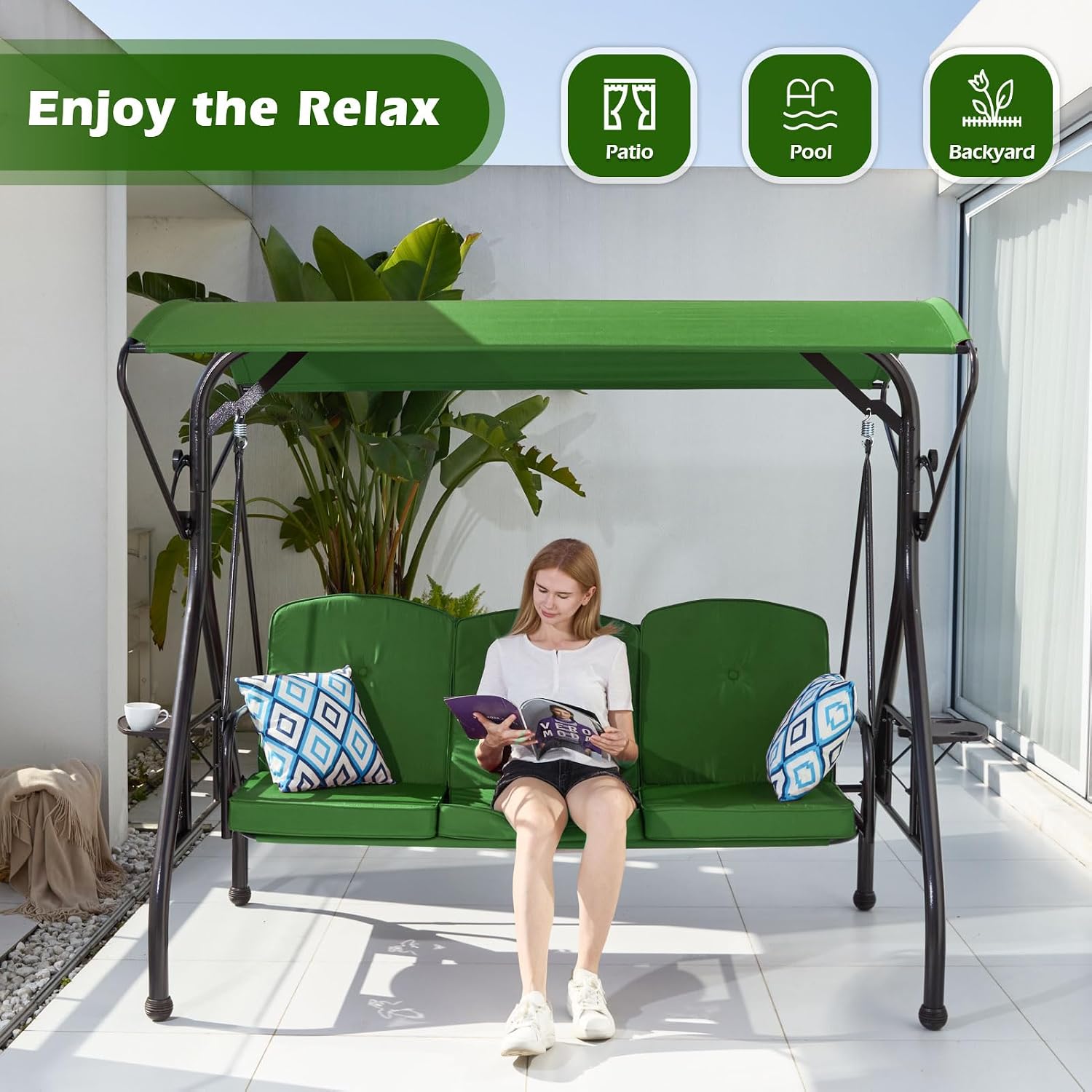 ZZW 800LBS Patio Swing with Canopy 3 Seat Outdoor Porch Swing with Stand w/Cup Holder & Pillow Glider Chair Swing Bed for Patio Backyard Poolside (Green)