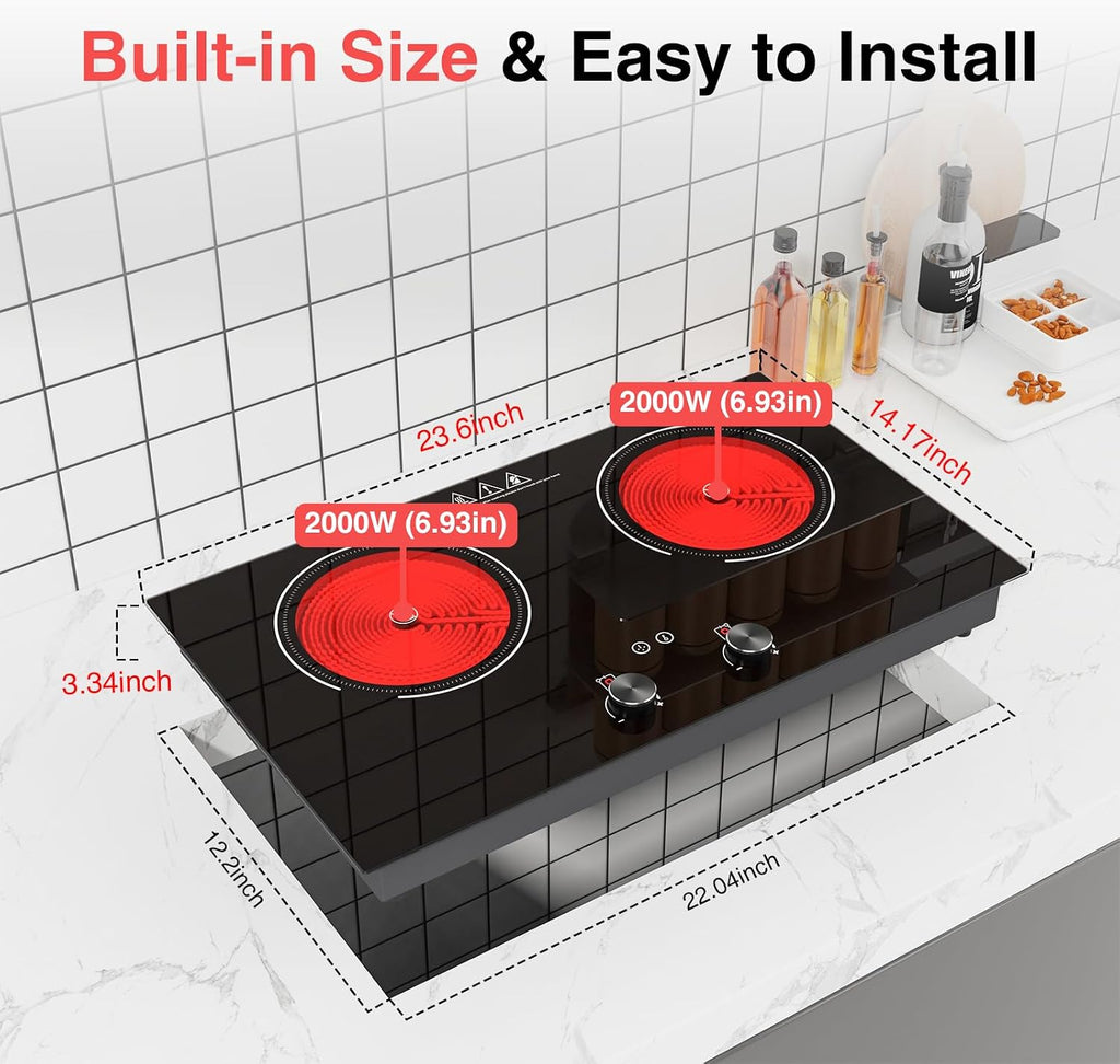4000W Electric Cooktop: 24' Electric Stove 2 Burner Hot Plate Double Burner, Knob Control Countertop & Built-in, 9 Power Levels, Child Lock, Timer, Suitable for All Pans