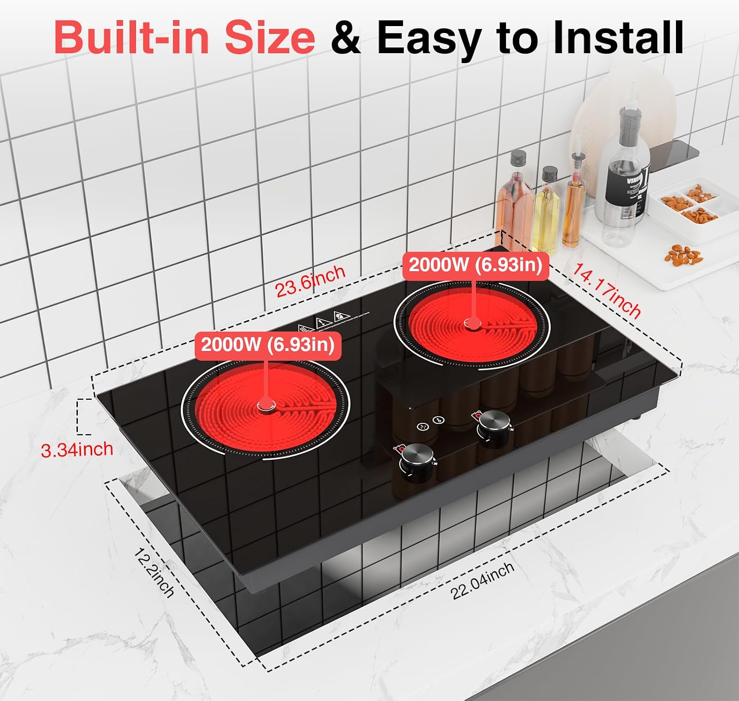 4000W Electric Cooktop: 24' Electric Stove 2 Burner Hot Plate Double Burner, Knob Control Countertop & Built-in, 9 Power Levels, Child Lock, Timer, Suitable for All Pans