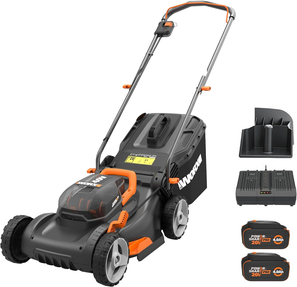 WORX 17' Cordless Lawn Mower, 2 in 1 Electric Mower Cuts Quietly, Compact & Lightweight Push Lawn Mower with 7-Position Height Adjustment for Small Yards, 2 Batteries & Charger Included, WG743