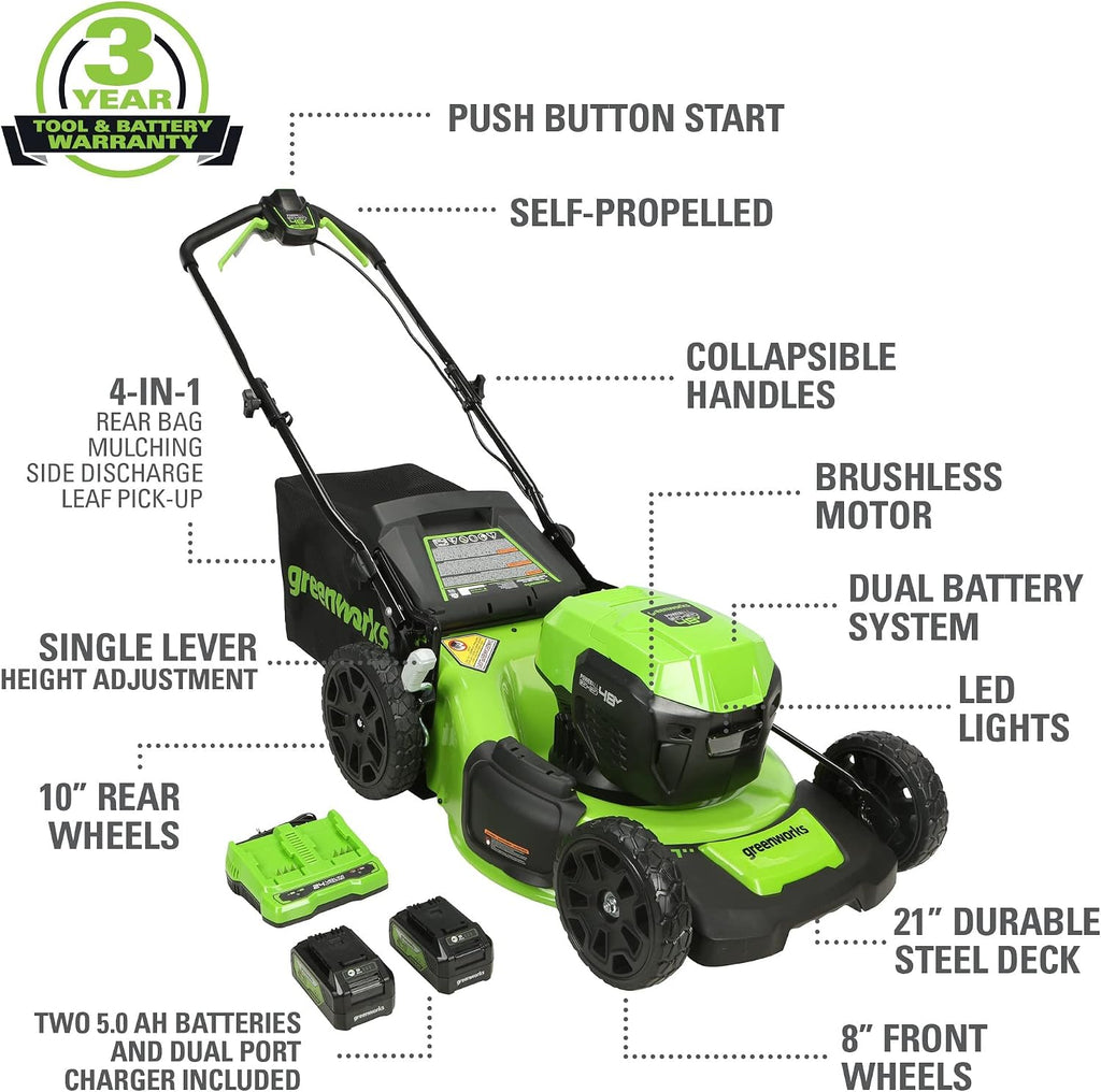 Greenworks 48V (24V x 2) 21' Cordless Battery Self-Propelled Lawn Mower w/Two (2) 5.0Ah USB Batteries & Charger 24V 12' Cordless Battery String Trimmer/Edger (Tool Only) Kit