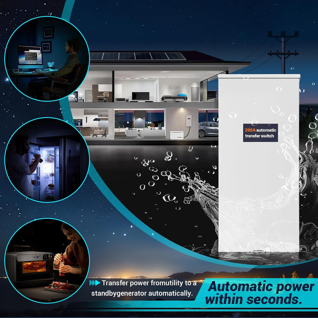 200 Amp Automatic Transfer Switch Replacement for Generac RXSW200A3,w/Power Management 120/240V, 1-Phase, Open Transition Service Rated, NEMA 3R Aluminum Enclosure for Indoor and Outdoor Use