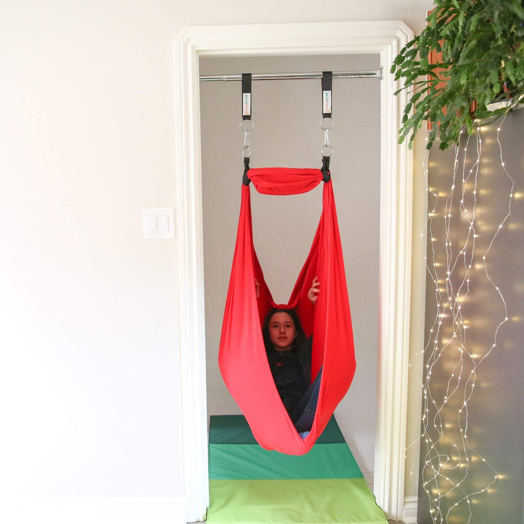 DreamGYM Doorway Sensory Swing - Supports 220lbs, Steel Bar Secured by Brackets - 95% Cotton Compression Swing for Self-Regulation (Red)