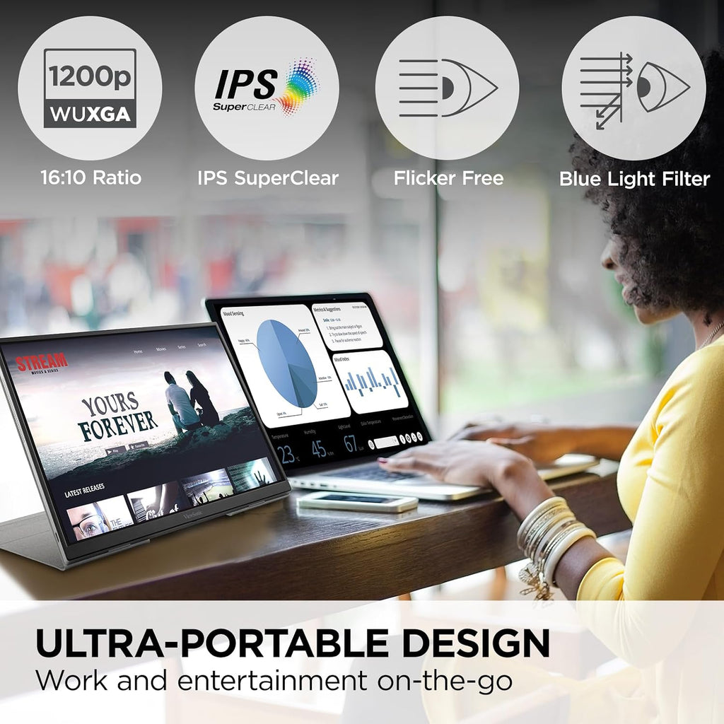 ViewSonic VG1656N 16 Inch 1200p Wireless Portable Monitor, IPS for Improved Workflows and Second Screen Productivity, Built-in Stand and Battery, 60W USB-C, and WiFi Dongle Inputs