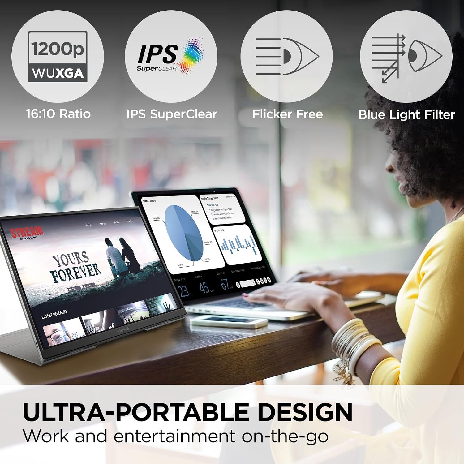 ViewSonic VG1656N 16 Inch 1200p Wireless Portable Monitor, IPS for Improved Workflows and Second Screen Productivity, Built-in Stand and Battery, 60W USB-C, and WiFi Dongle Inputs