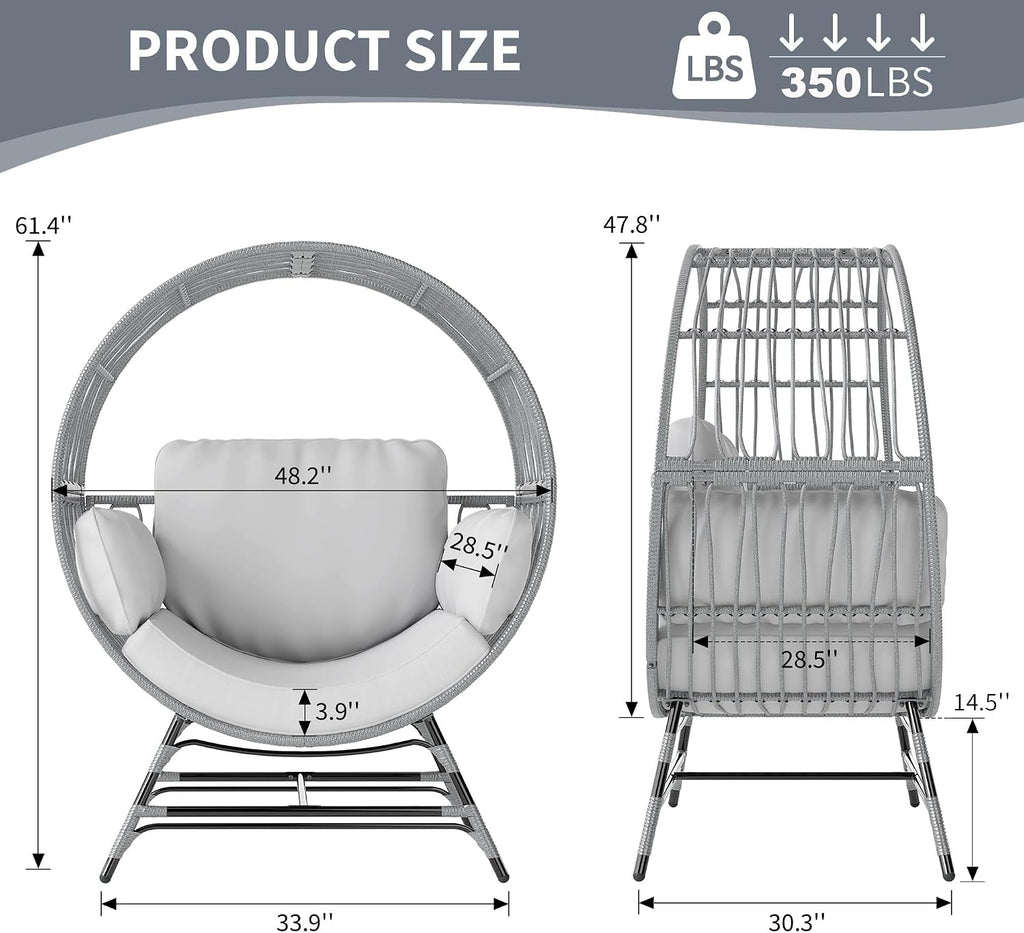 Fancyango Egg Chair Outdoor Indoor, Oversized Rattan Chair with Thicken Cushion, 350LBS Capacity Wicker Patio Lounge Chair, Basket Chair for Living Room Balcony Porch Backyard, Grey/Light Grey