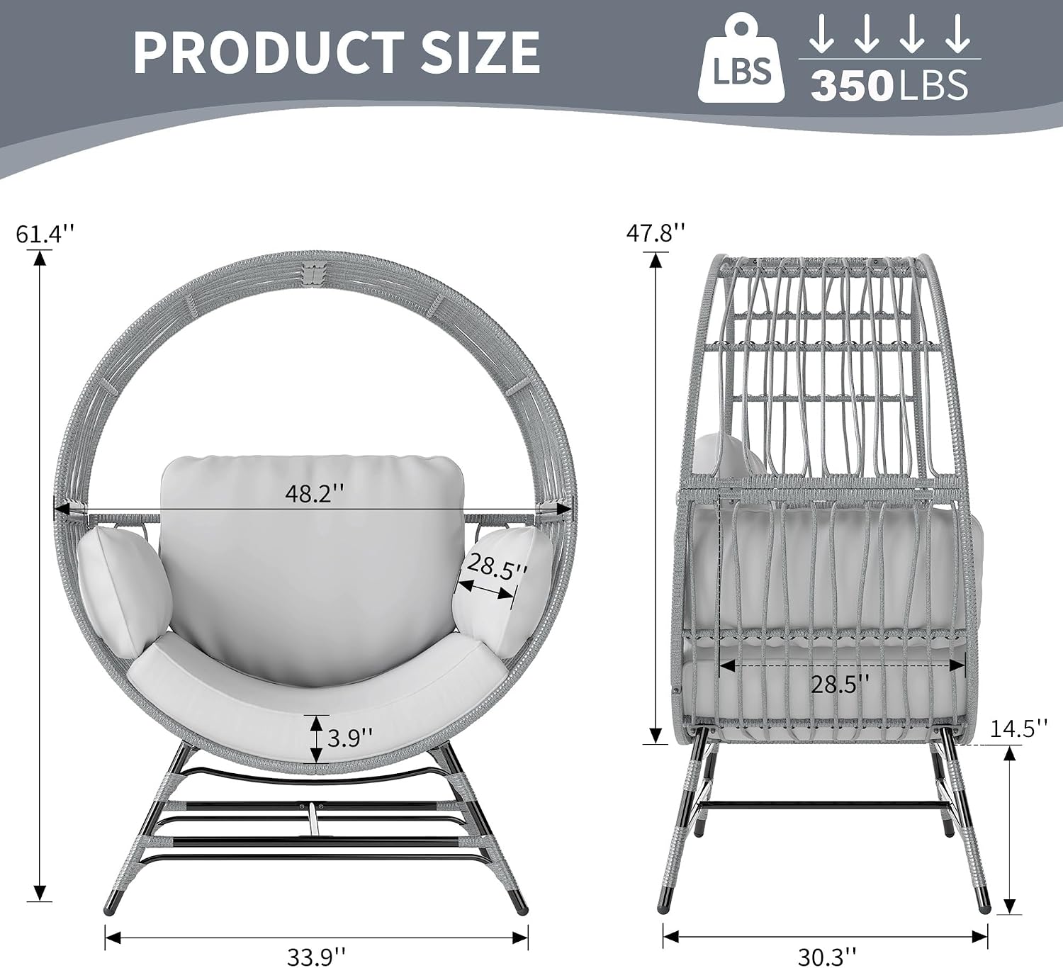 Fancyango Egg Chair Outdoor Indoor, Oversized Rattan Chair with Thicken Cushion, 350LBS Capacity Wicker Patio Lounge Chair, Basket Chair for Living Room Balcony Porch Backyard, Grey/Light Grey