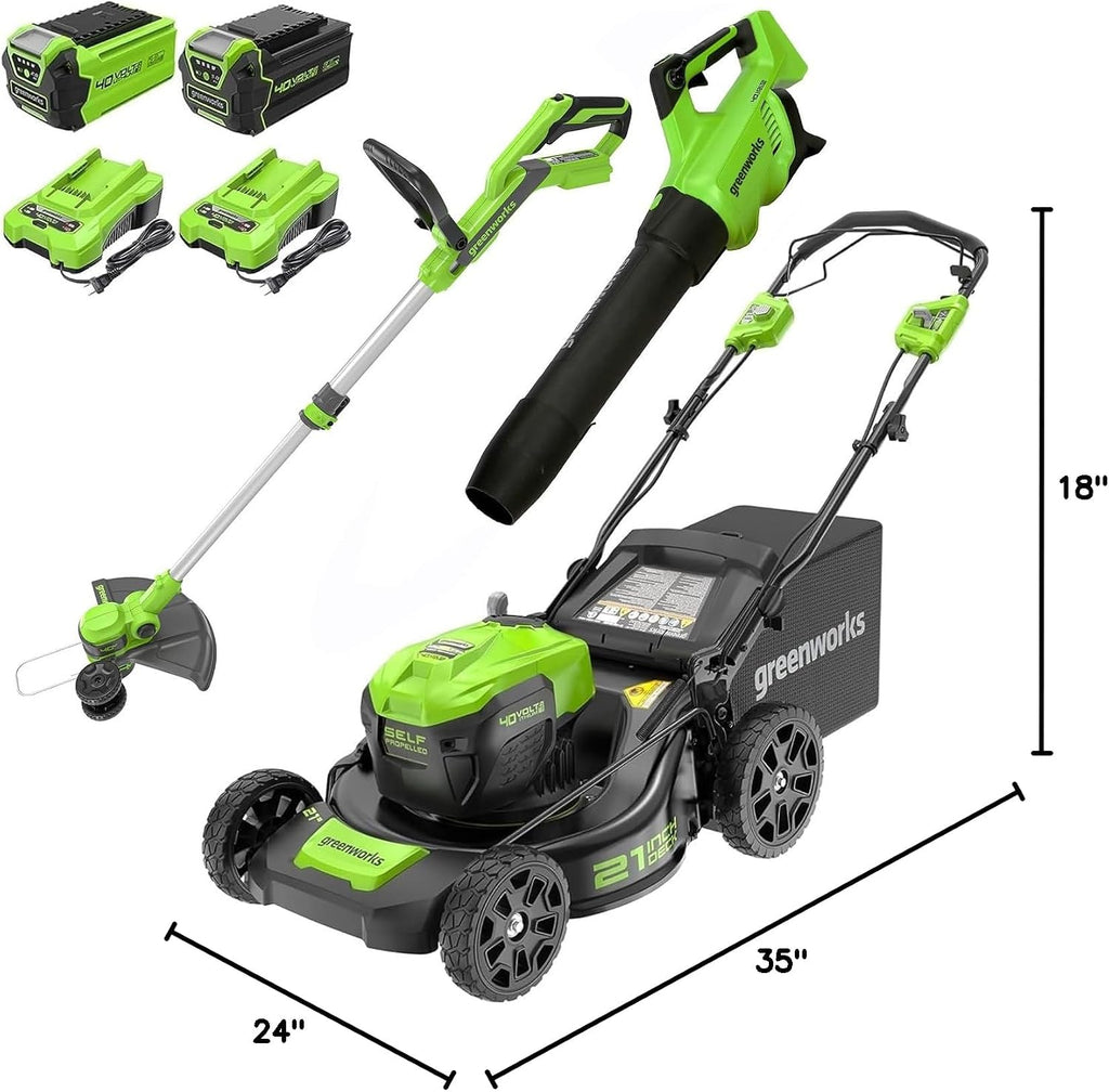 Greenworks 40V 21' Self-Propelled Mower,Axial Leaf Blower,12' String Trimmer with Batteries and Chargers