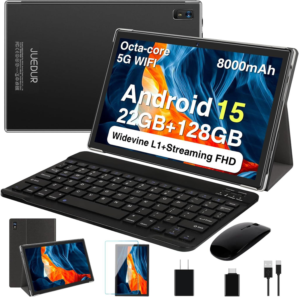 2026 Tablet, 10 Inch Android 15 Tablets 22GB+128GB+1TB Expand, 2-in-1 Octa-Core Electronic Tablet with Keyboard Mouse Case, 8000mAh Battery, 1280x800 HD IPS Display, GPS,Widevine L1, Metal Body -Grey