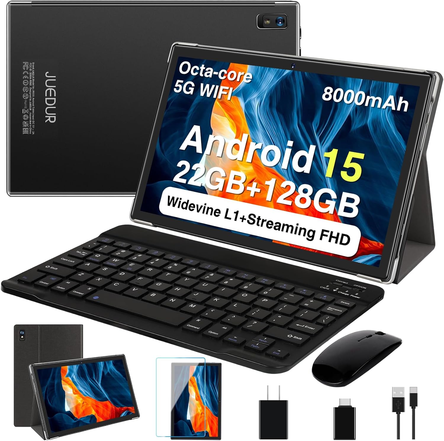 2026 Tablet, 10 Inch Android 15 Tablets 22GB+128GB+1TB Expand, 2-in-1 Octa-Core Electronic Tablet with Keyboard Mouse Case, 8000mAh Battery, 1280x800 HD IPS Display, GPS,Widevine L1, Metal Body -Grey