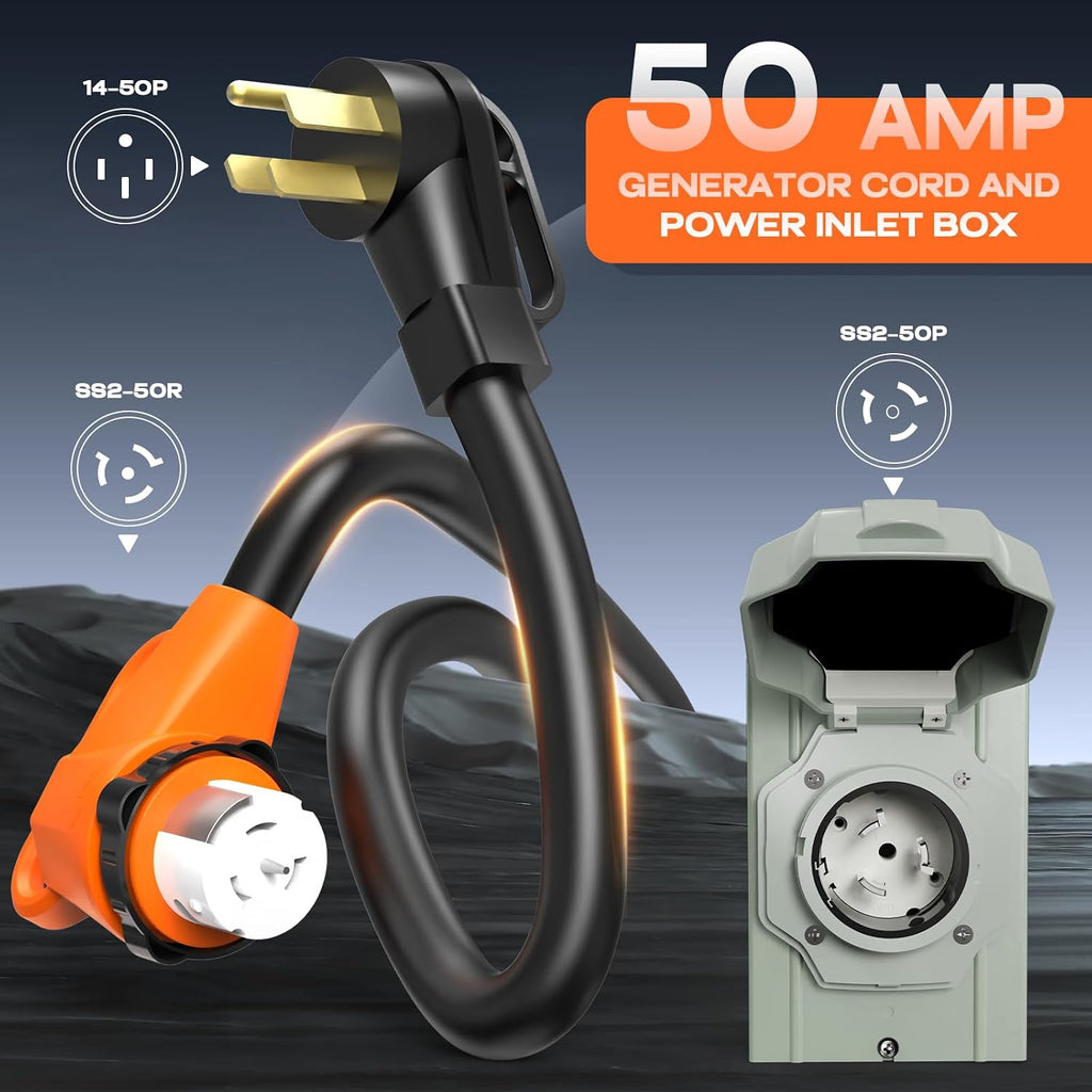Rophor 50 Amp Generator Cord and Pre-Drilled Power Inlet Box, 25FT Heavy Duty NEMA 14-50P to SS2-50R Extension Cord Twist Locking with Inlet Box, 125/250V, 12500W, ETL Listed for Outdoor Emergency Kit