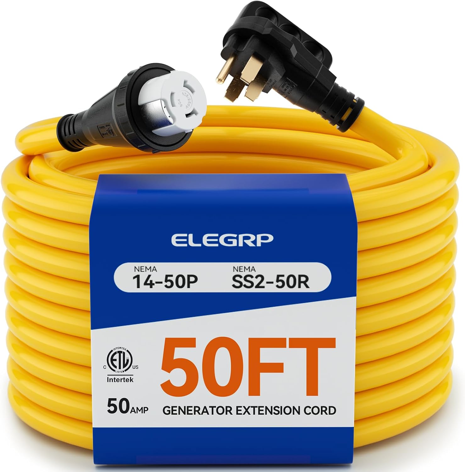 ELEGRP 50 Amp RV/Generator Extension Cord, 50FT NEMA 14-50P to SS2-50R Twist Lock, 6/3+8/1 Gauge STW, Heavy Duty 50A RV Power Cord for Camper/Generator/House, UL Standard Compliant, 3-Year Support