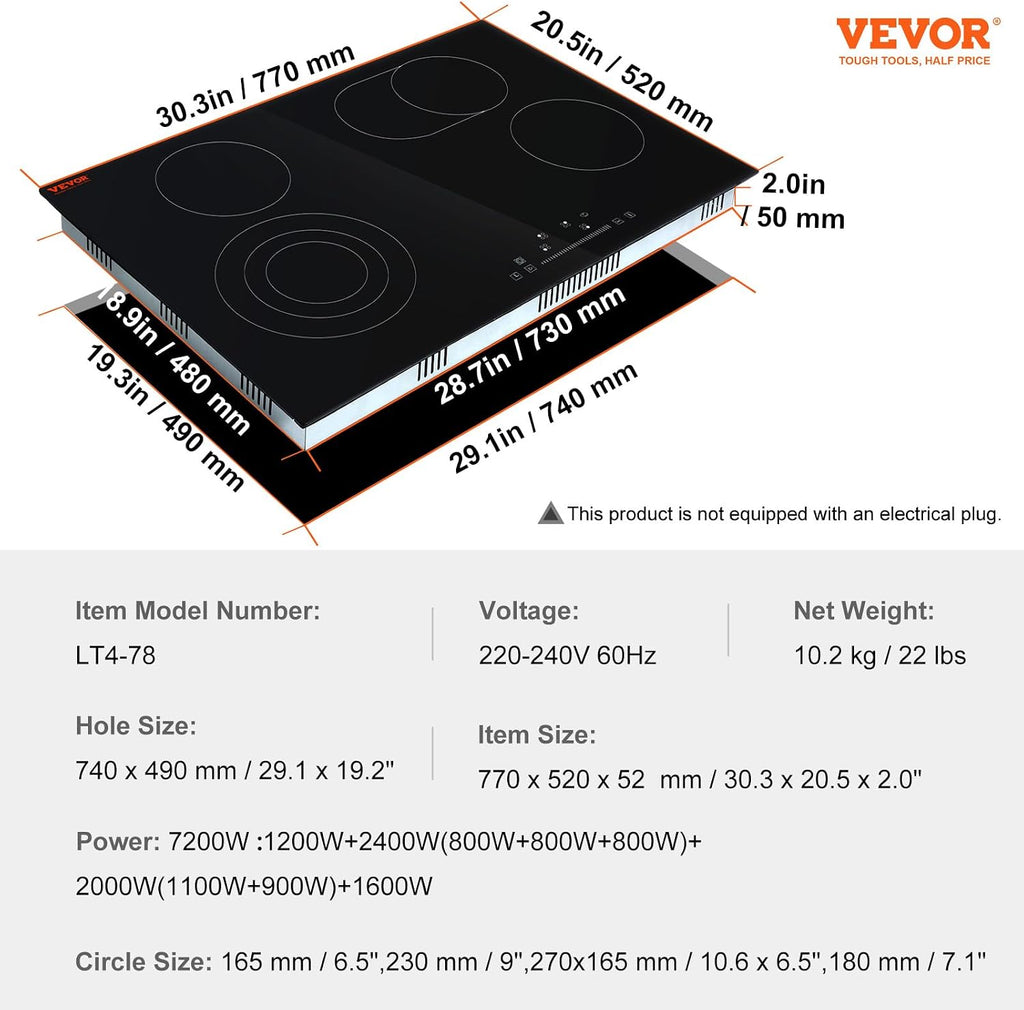 VEVOR Electric Stove Top 30inch 4 Burners Electric Cooktop,9 Power Levels & Sensor Touch Control,Easy to Clean Ceramic Glass Surface,Child Safety Lock,240V