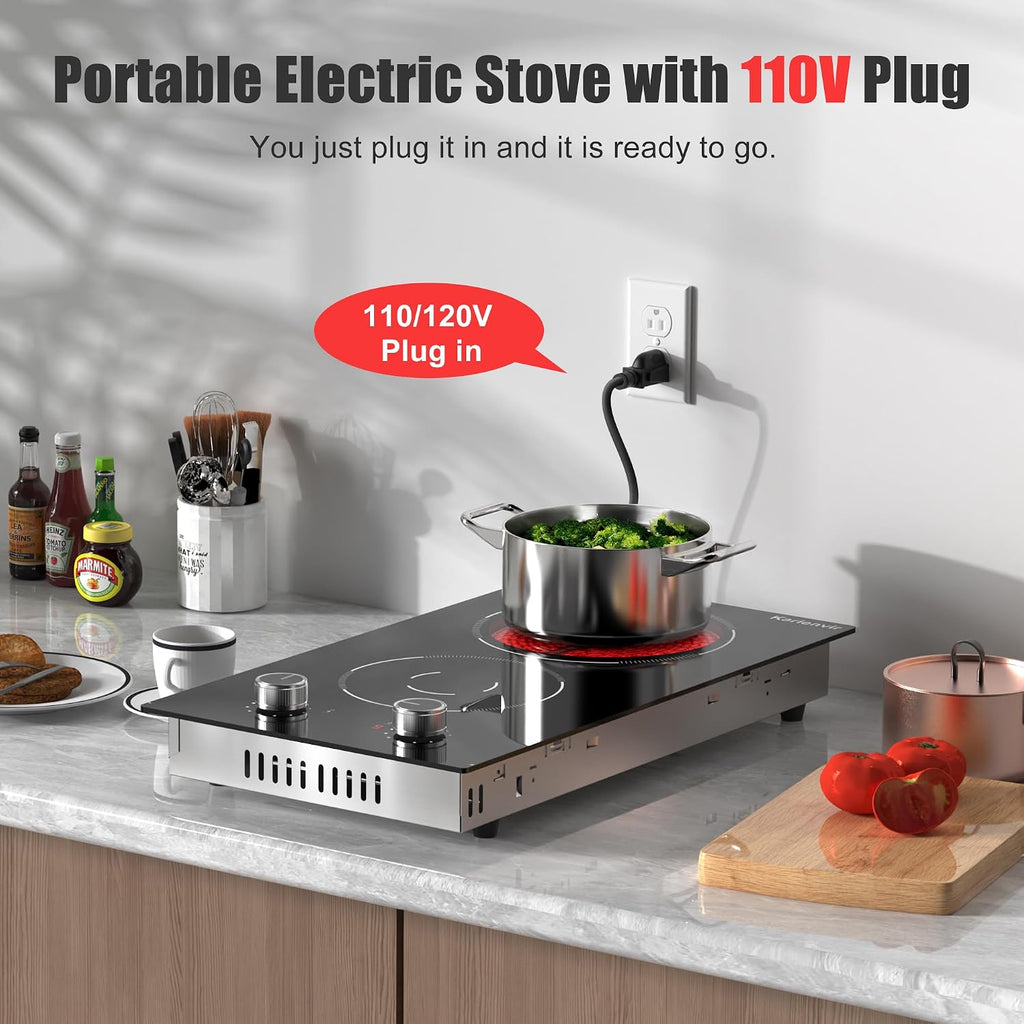 2 Burner Electric Cooktop, 12 Inch Countertop & Built-in Electrical Stovetop, 110V Electric Stove with Plug, Knob Control, 9 Power Level, 2000W(1400W+600W)