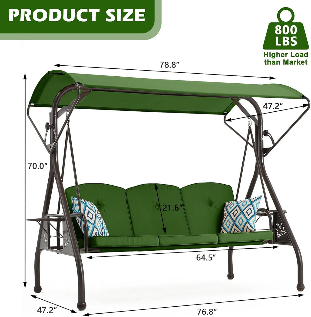 ZZW 800LBS Patio Swing with Canopy 3 Seat Outdoor Porch Swing with Stand w/Cup Holder & Pillow Glider Chair Swing Bed for Patio Backyard Poolside (Green)